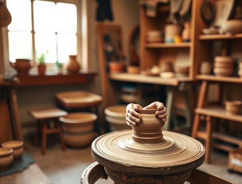 Hands shaping clay on a pottery wheel